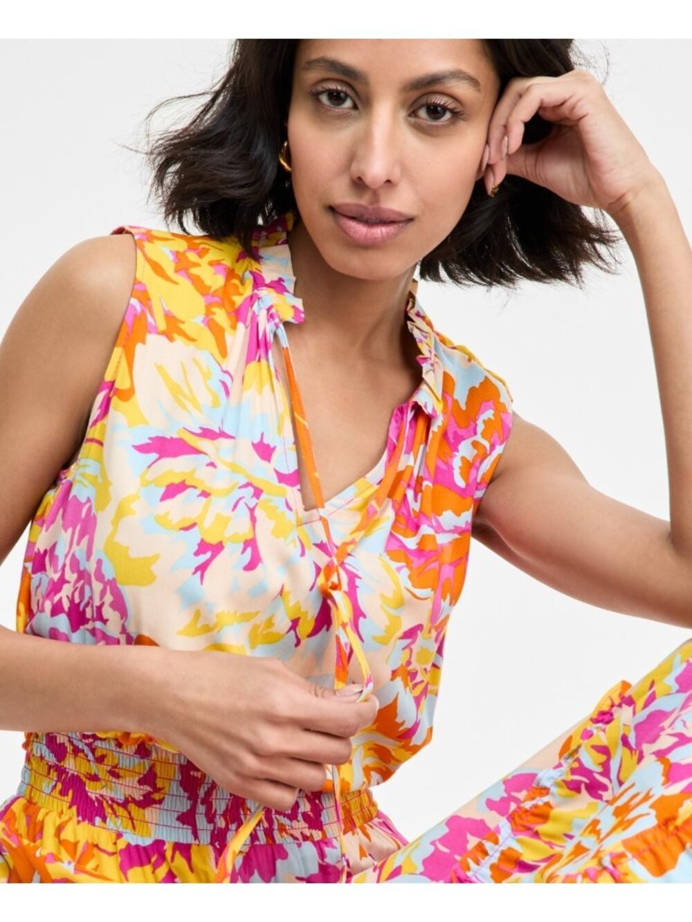 MSK Women's Rayon Floral Ruffle-Collar Tiered Maxi Dress Pink Orange Size L $79 - Picture 2 of 6